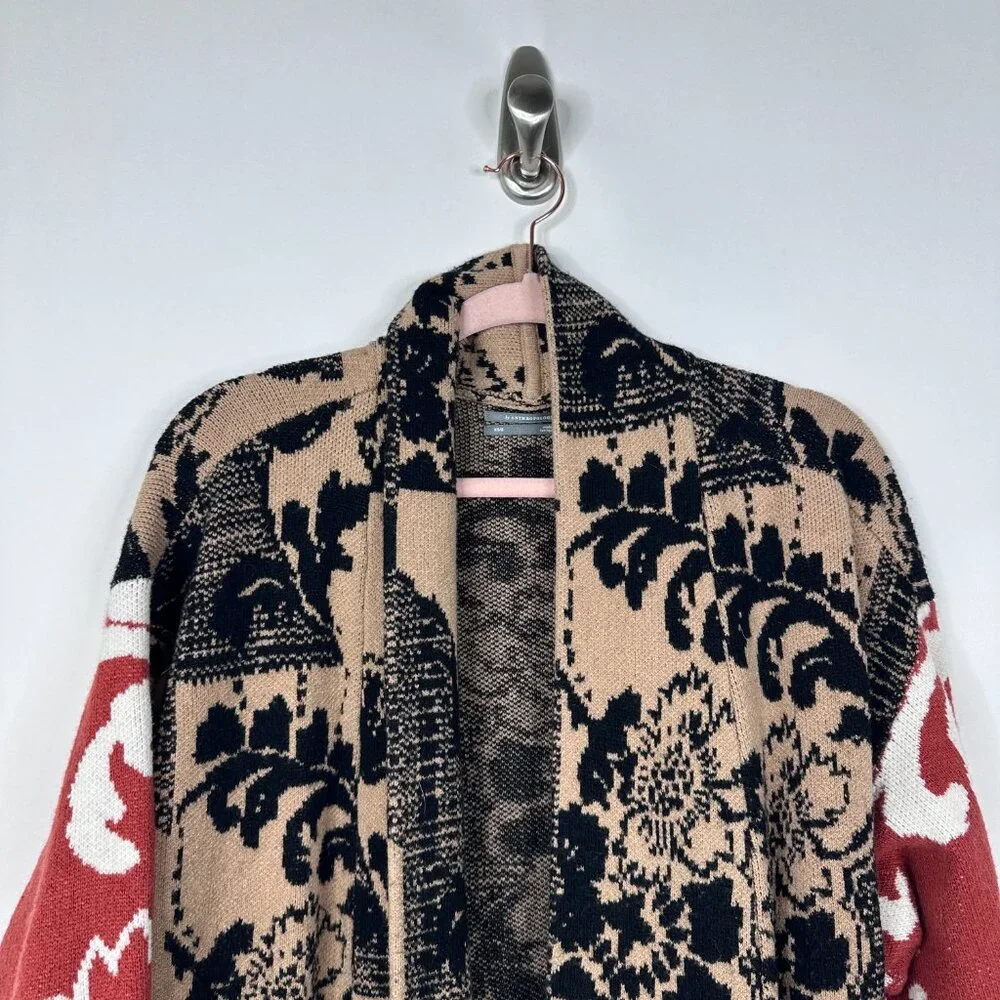 Anthropologie Lola Cocoon Cardigan Open Front Patchwork Tan Red XS/S #A1045
